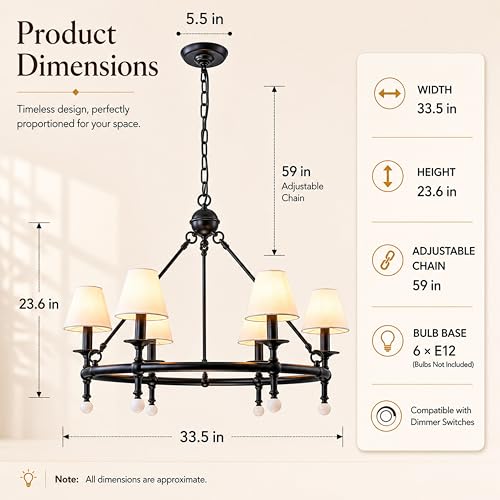 6 Light W34 Inch Matte Black Statement Chandelier with White Pleated Fabric Shades and Alabaster Finials Large Round Designer Lighting for Dining Room Living Room