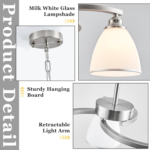 3 Lights Brushed Nickel Farmhouse Chandelier Retractable Kitchen Island Light with Milk White Frosted Glass Max 59" Height Adjustable Silver Hanging Ceiling Light for Dining Room Living Room Entry