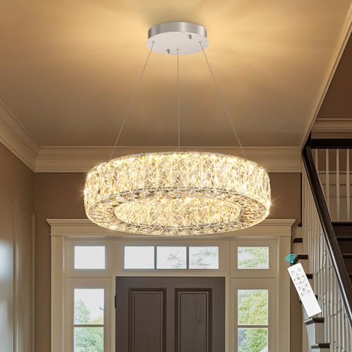 16 Inch Chandelier Glam Dimmable LED Crystal Chandeliers Luxury Round Pendant Lighting Fixtures for Dining Room Bedrooms Silver