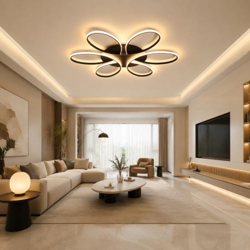Modern LED Ceiling Light Fixture Black Flush Mount Ceiling Lamp with Remote Control Dimmable 6 Rings Flower Shaped Ideal for Living Room Bedroom Tearoom Kitchen