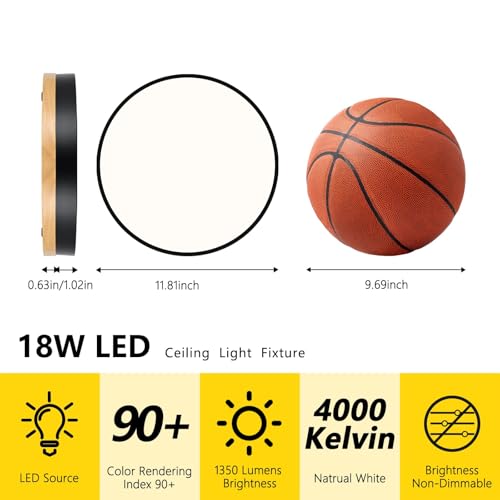 Modern Wood Black Flush Mount Ceiling Light 11.81 Inch