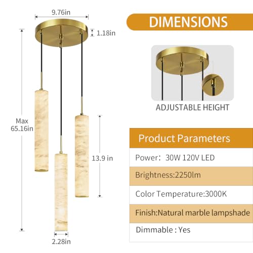 Gold Natural Alabaster Long Tube Kitchen Island Pendant Lights