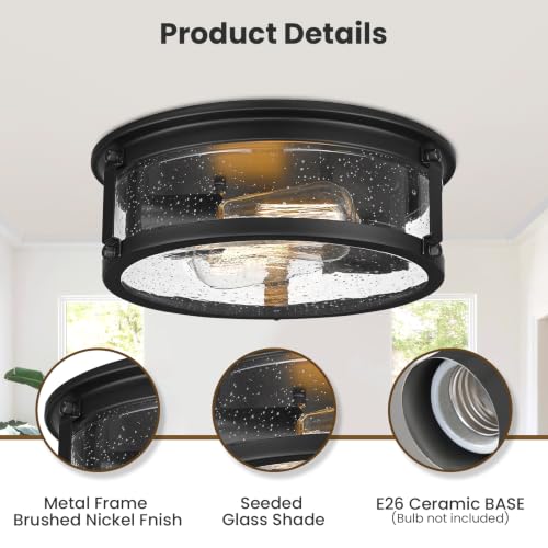 Farmhouse Black Flush Mount Ceiling Light Fixtures with Seeded Glass (Black)