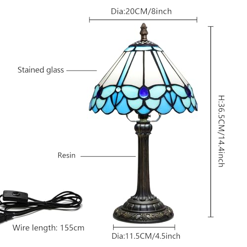 Tiffany Lamp Little Blue Butterfly Style Stained Glass Reading Lamp 8X8X14 Inch Bedroom Bedside Nightstand Night Light Home Office Desk Lamp with LED Bulb