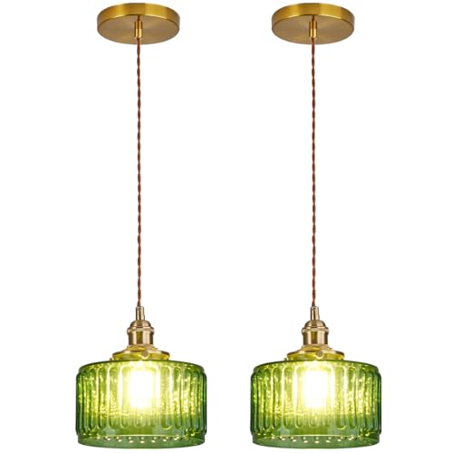 Lighting Green Pendant Light Mid Century Modern Hanging Light with Green Striped Glass Shade Vintage Kitchen Island Pendant Lights Gold Ceiling Pendant Light for Dining Room Bedroom