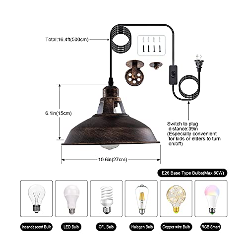 Plug in Pendant Light Industrial Pulley Pendant Lamp E26 Vintage Hanging Light Fixture With 16.4ft Cord On (2 Count)