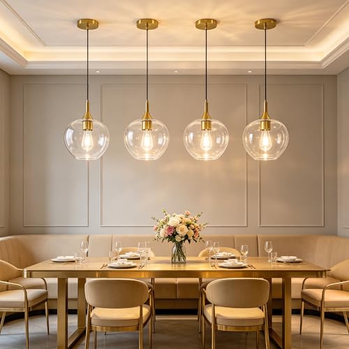 9.45in Gold Pendant Lights Kitchen Island with Clear Glass Shade 2Pack