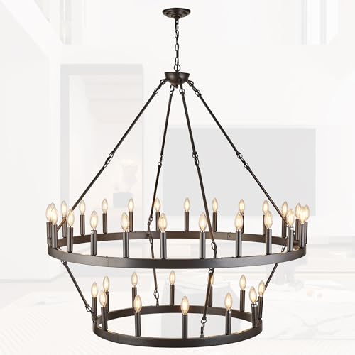 Rustic Farmhouse Wagon Wheel Chandelier Large Chandeliers for High Ceilings Oil Rubbed Bronze 2 Tier 36 Lights 48 Inch for Dining Room Living Room Foyer Porch Kitchen Island
