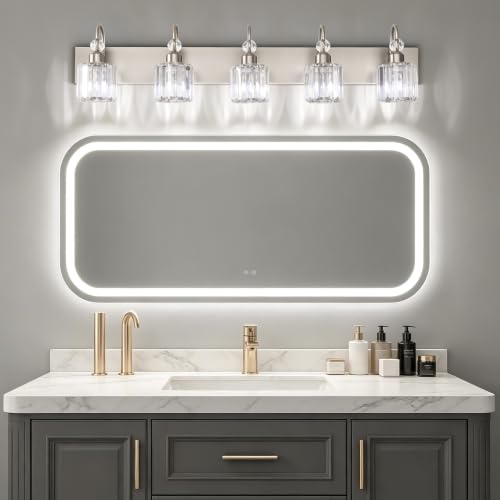 Crystal Bathroom Vanity Light Brushed Nickel Modern 5 Light Bathroom Wall Lighting Fixtures Over Mirror
