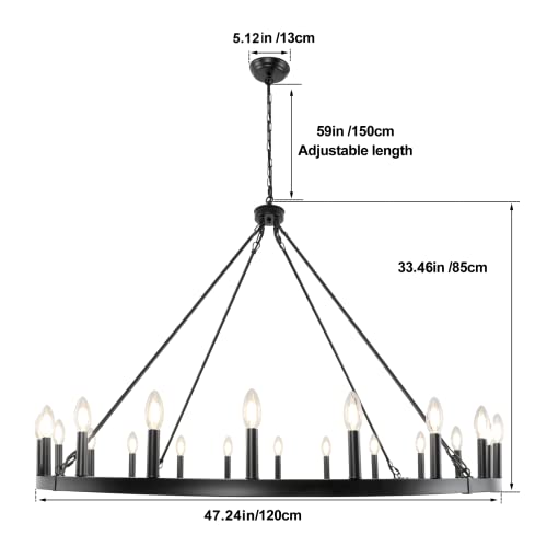 47'' 20 Light Large Black Wagon Wheel Chandelier for Living Room