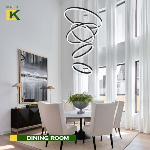 5 Rings Modern LED Chandelier Black High Ceiling Chandelier with Remote Control Dimmable Pendant Lighting for Dining Room Foyer Living Room Entryway Staircase