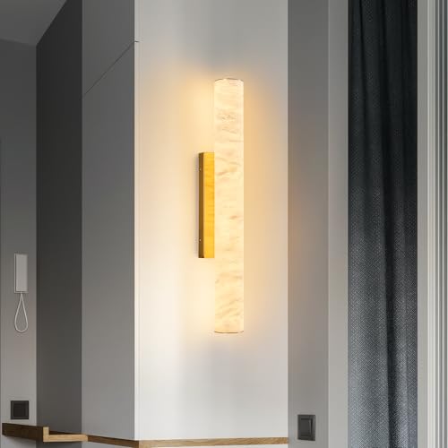Natural Alabaster Wall Sconces Set of Two Spanish Marble Wall Light Cylinder Modern Gold LED Sconce for Living Room Bedroom Bathroo Stairs（M (2 Count)