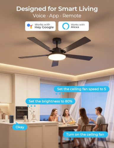 52" Smart Ceiling Fans with Lights and Remote (Black +Walnut / 52 Inch)