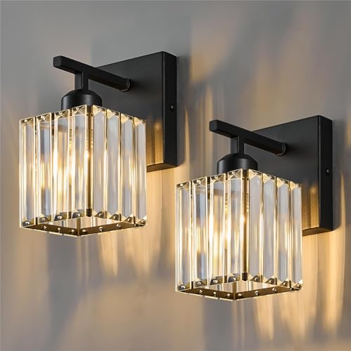 Modern Wall Sconces Set of Two Indoor Wall Lamp Black Wall Sconce Crystal Wall Light Bathroom Vanity Light Fixtures Wall Mounted Room Sconce Wall Lighting (2 Count)
