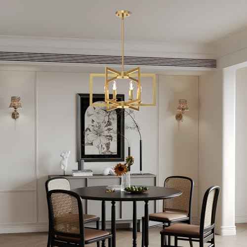 Modern Gold Chandelier, 6-Light Geometric Dining Room Light Fixture, Industrial Pendant Lights Kitchen Island, Hanging Metal Farmhouse Chandelier for Bedroom, Entryway, Foyer, Kitchen, Living Room