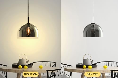 Grey Ribbed Glass Pendant Light Kitchen Island 11.8Inch Large Hanging Lamp