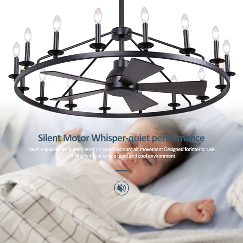44" Black Wagon Wheel Ceiling Fan with 16 (16 Count)