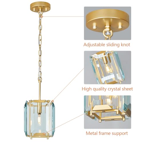 Gold Modern Crystal Chandeliers Rectangle Farmhouse Pendant Light Semi Flush Mount Ceiling Light Fixture for Bedroom Dining Room Kitchen Island Living Room Foyer Hallway