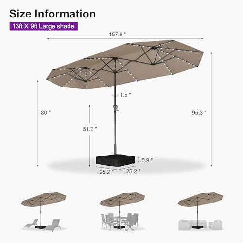 Patio Umbrella 13ft with Base and Solar Lights Outdoor