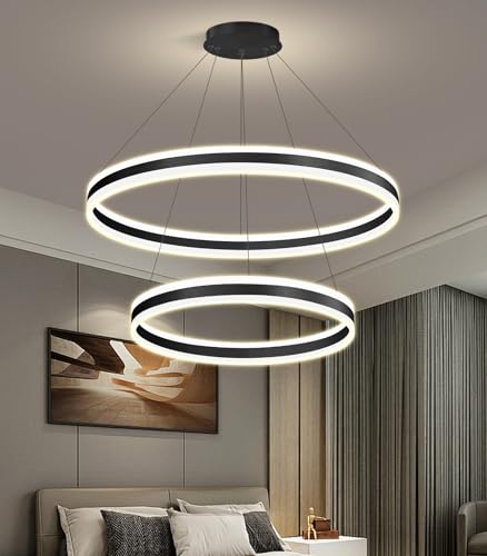 D23.6''+31.5'' Modern Ring Chandelier for Dining Room LED Dimmable Pendant Lighting High Ceiling Chandelier for Living Room Foyer Bedroom Entryway 3000K