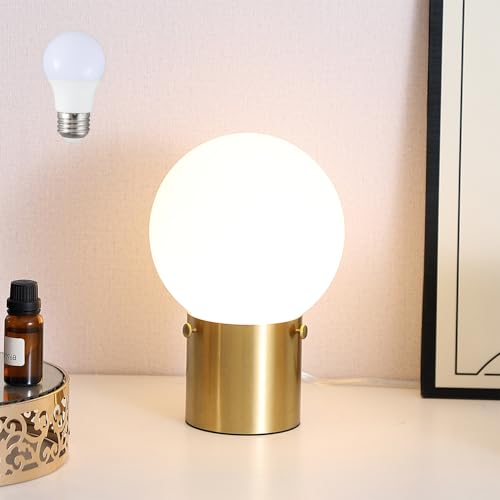 Gold Table Lamp for Nightstand with Frosted Glass Globe Lamp Shade