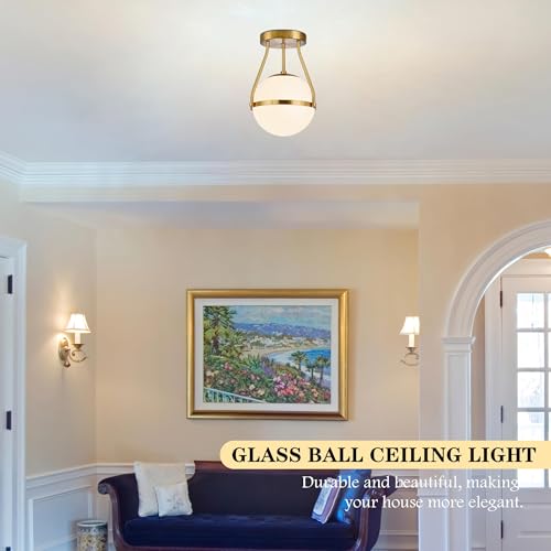 Globe Semi Flush Mount Ceiling Light Mid Century Modern Globe Ceiling Light Fixture with Milk Glass Shade Brass Finish for Living Room Hallway Kitchen Island Dining Room Laundry