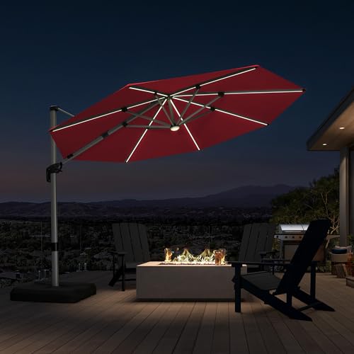 Cantilever Patio Umbrella 11ft Round Solar LED Light