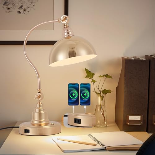 Dimmable Touch Control French Gold Swing Arm Desk Lamp with Charging Port