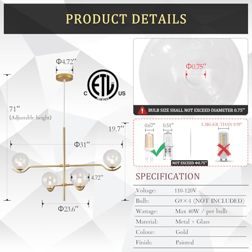 Modern 31" 4 Light Gold Sputnik Chandelier with Clear Glass Globe