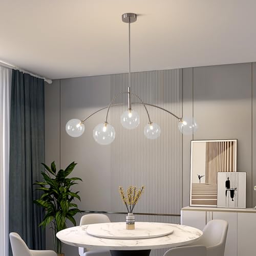 Mid Century Modern Sputnik Chandelier Adjustable 5 Light Clear Glass Silver Ceiling Chandelier for Dining Room Kitchen Bedroom