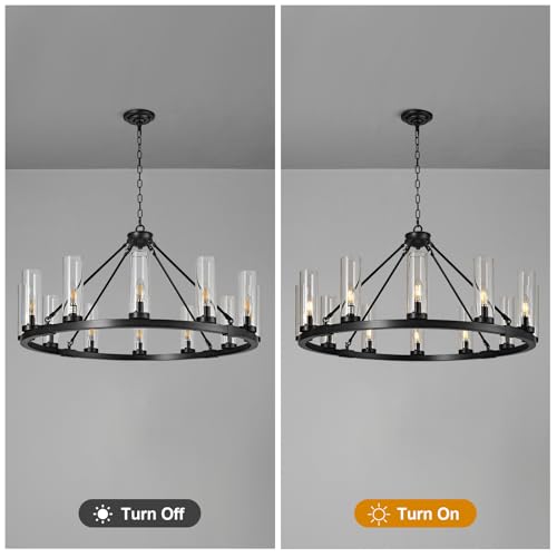 12 Light Black Chandelier Wagon Wheel Chandelier with Clear Glass Shade Round Industrial Pendant Lighting Fixture for Stair Living Room Foyer Kitchen