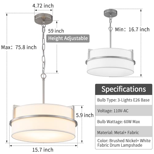 15.7" Modern Drum Chandelier Ceiling Light with White Fabric Shade