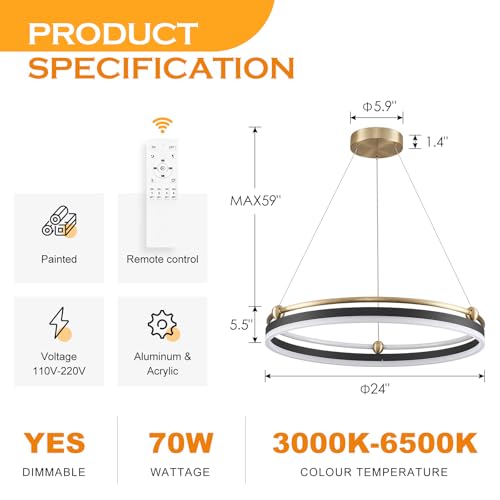 Modern LED Pendant Light D24in Black Gold Dimmable Circular LED Chandelier 1 Ring with Remote