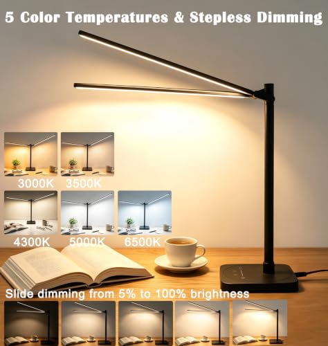 Desk Lamp for Office Home Dual Head 24W Swing Arm Reading Table Lamp Black (Black)