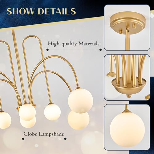 Gold Sputnik Chandelier with Milk Glass Globe 8 Lights L41 Inch