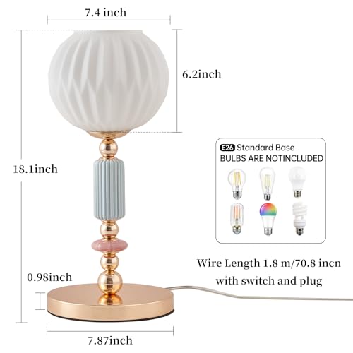 Modern Milk White Glass Table Lamp Bedside Nightstand Lamp Metal Desk Light with Plug Cord Switch for Bedroom Living Room Dining Room