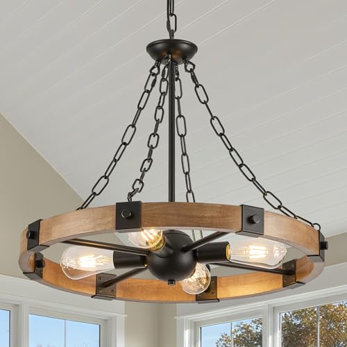 Farmhouse Wagon Wheel Chandelier 23.6" Oak Rustic Chandeliers 4
