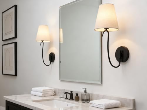 Swan Neck Wall Sconces Fixtures with Linen Fabric Shade Set of 2 (2 Count)