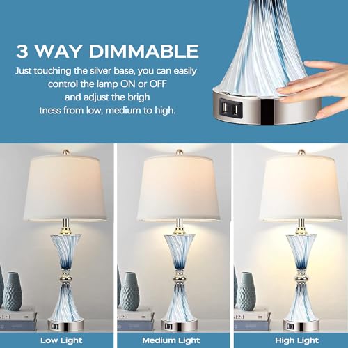 3 Way Dimmable Touch Glass Table Lamps for Bedrooms with 2 USB Ports Set of 2 Coastal Beach Bedside Lamps for Contemporary Modern Night Stand Lamps with 2 LED Bulbs for Lighting Decor (2 Count)