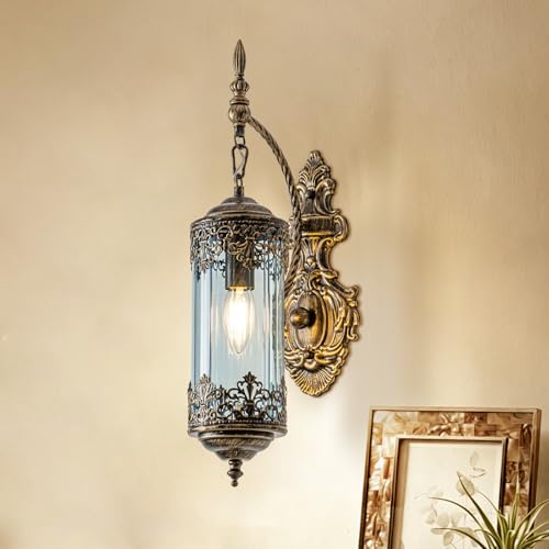 Antique Gothic Blue Glass Wall Sconce for Bedroom