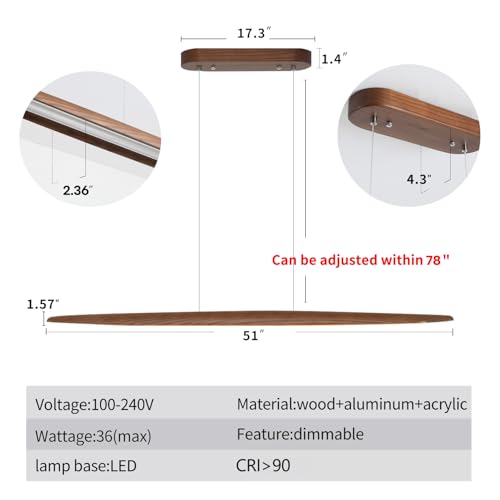 51" Wood Linear Pendant Light Wood Dining Room Light Fixture Modern Pool Table Lights Kitchen Island Lights for Dining Room Bar Kitchen Island Walnut Color