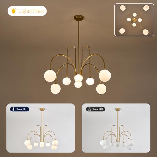 Gold Sputnik Chandelier with Milk Glass Globe 8 Lights L41 Inch