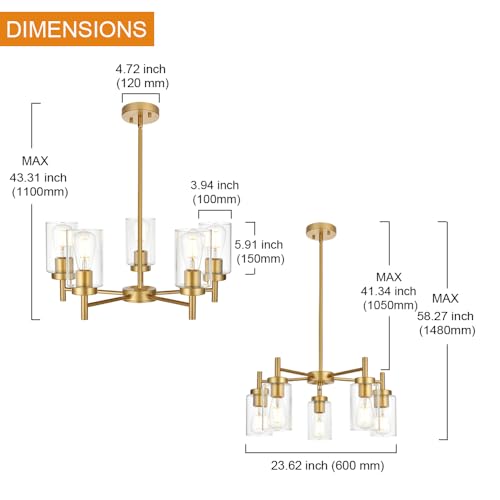 Retro Large Chandelier with Clear Glass Shade Metal Indoor Kitchen Island Pendant Lighting in Gold Finish Modern Light Fixture Hanging for Dining Room