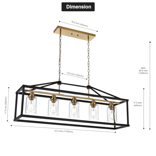 Rectangle 5 Lights Black Modern Dining Room Lighting Fixtures Hanging Over Table