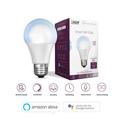 OM60/950CA/AG 60W Equivalent 2.4GHz WiFi Dimmable, No Hub Required, Alexa Google Assistant A19 Smart LED Light Bulb, 4.4" H x 2.3" D, 5000K Daylight