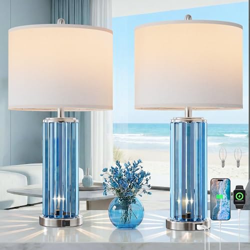 Blue Table Lamps for Bedroom Set of 2 with Nightlight (2 Count)