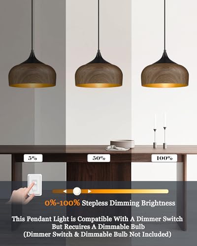 Modern Bauhaus Pendant Light Walnut Wooden Pattern Dome Pendant Light Fixture Matte Black Metal Gold Inner Adjustable Hanging Lighting for Kitchen Island Dining Room Office Hallway Bedroom