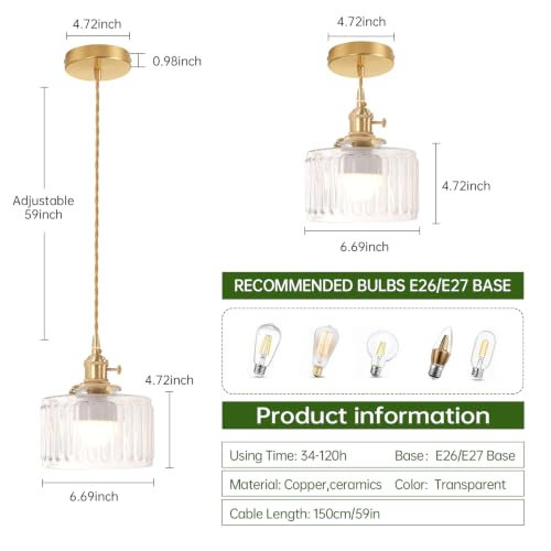 Battery Operated Pendant Light 5000mAh Rechargeable Chandelier with Remote Control Wireless Adjustable Hanging Clear Striped Light for Kitchen Island Dining Room Hallway