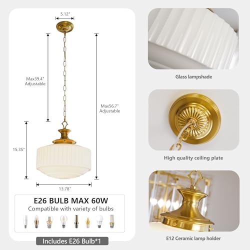 Vintage Brass Milk Glass Pendant Light Fixture