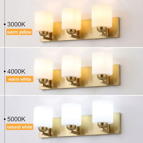 3 Light Brushed Gold Bathroom Vanity Light with White Glass Shades